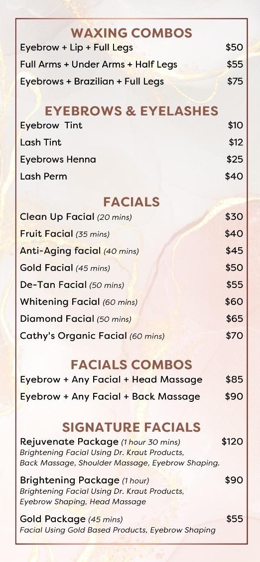 Eyebrows, Eyelashes, and Facials Pricing