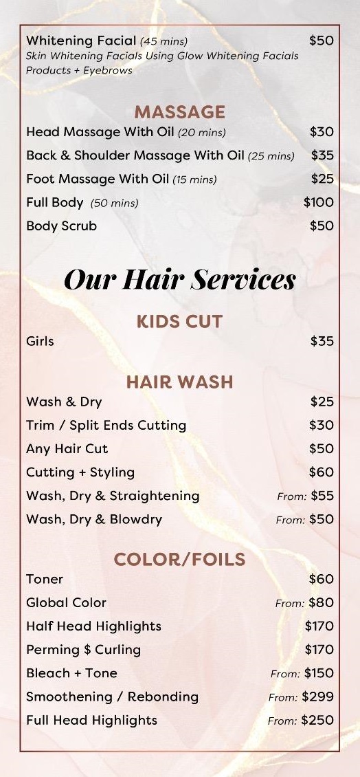 Massage and Hair Services Pricing