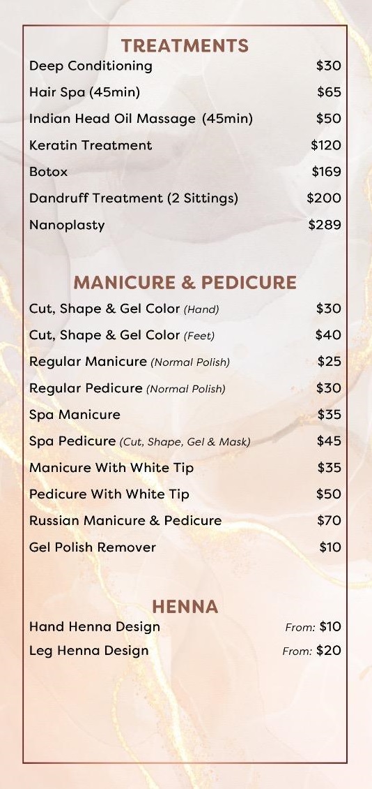 Treatments, Manicure & Pedicure, and Henna Pricing